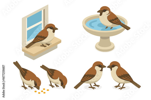 Urban Sparrow Interaction Icons Isometric Flat Vector Set Showing Sparrow on Windowsill, Bathing Bird, Feeding Birds, and Pair Communication, Transparent Background