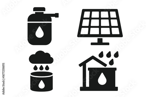 Urban survival gear icons set with water purifier, solar panel, rainwater collection system, rooftop survivalist essentials, sustainable living, vector illustration