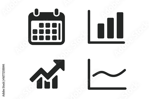 Usage tracker icons set, solid filled vector graphics of monthly calendar, bar graph, upward arrow trend, and average line for analytics and data monitoring