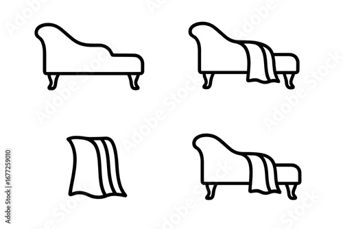 Velvet Throw Icons Outline Set Featuring Velvet Throw Styling Draped on Elegant Chaise Lounge Silhouettes, Soft Velvet Fabric Drape Vector Illustration Collection for Interior Design and Home Decor