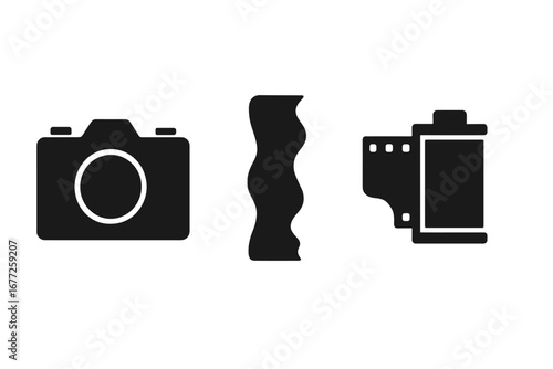 Vintage photography icons solid filled set with retro film camera, light leak, roll of film silhouette, classic photo gear vector illustration on transparent background