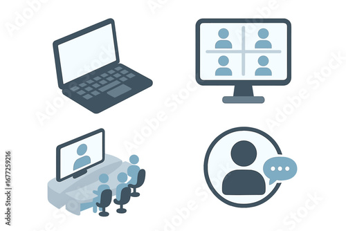 Isometric Virtual Workspace Icons Set with Laptop, Virtual Meeting Room, Remote Collaboration, Video Conference, and Digital Communication Symbols Vector Illustration