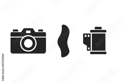 Vintage Photography Icons, Solid Filled Vector Set of Retro Film Camera, Light Leak, and Film Roll on Transparent Background, Classic Analog Camera Equipment Illustration for Design