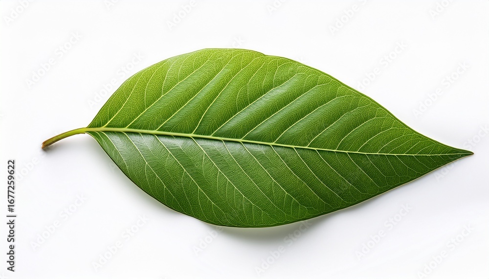 Fototapeta premium green leaf with visible veins isolated on white background showing natural texture and detail in simple composition