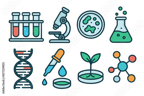 Various Laboratory Symbols Representing Scientific Research and Biotechnology Concepts with Modern Flat Vector Cartoon Illustration and Transparent Background