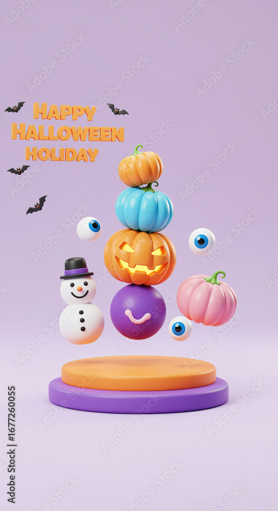 Obraz premium Happy Halloween Holiday 3D Render Pumpkins Snowman Bats Eyes 3d