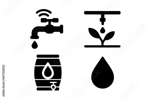 Water Conservation Icons Set with Smart Faucet, Drip Irrigation, Rain Barrel, and Water Drop Symbols for Eco-Friendly Gardening and Sustainable Water Management Vector Illustration