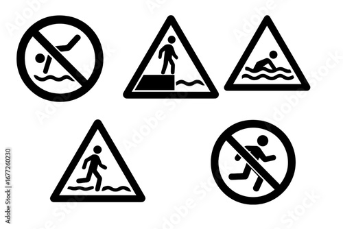 Water Safety Icons Set, Solid Filled Vector Symbols for No Diving, Deep Water, Shallow Area, Slippery Floor, No Running, Precaution and Safety Signs for Pools and Water Areas
