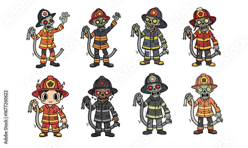cartoon zombie firefighter, undead rescue team, horror emergency crew, vector illustration, severed hand, scary uniform, glowing eyes, apocalypse theme, funny character, fireman parody