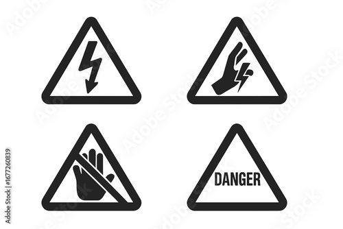 Voltage Warning Icons Set, Solid Filled Symbols of High Voltage, Electric Shock Hazard, Do Not Touch Safety Signs, Danger Warning Triangles, Vector Illustration Transparent