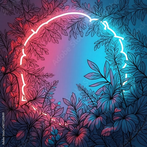 Neon Floral Frame Pink Blue Gradient Background image