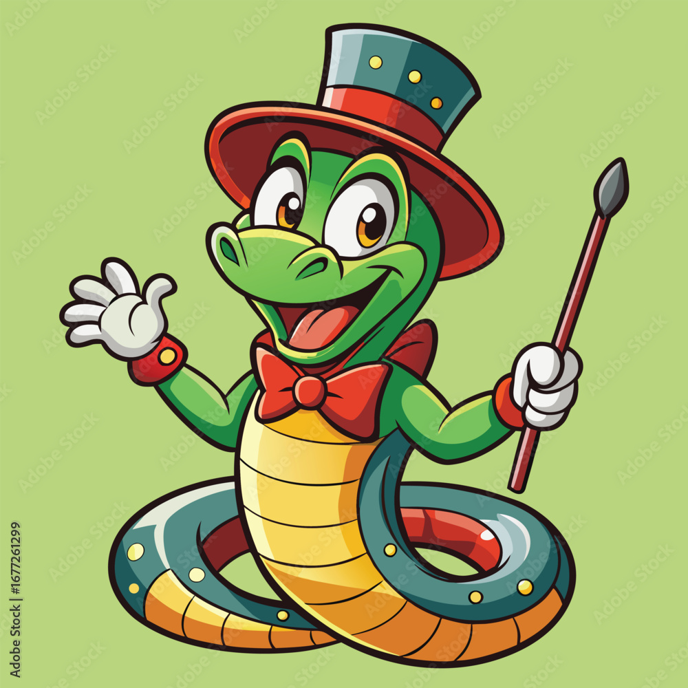 Fototapeta premium Funny snake character acting like a magician with a top hat and wand