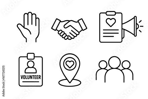 Volunteer Icons Set Outline, Helping Hand, Handshake, Megaphone, Clipboard, Volunteer Badge, Location Pin with Heart, Group of People, Charity and Community Support Vector Illustration