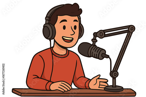 Young man recording a podcast with headphones and professional microphone in studio setting, vector cartoon illustration, broadcasting, content creation, audio recording