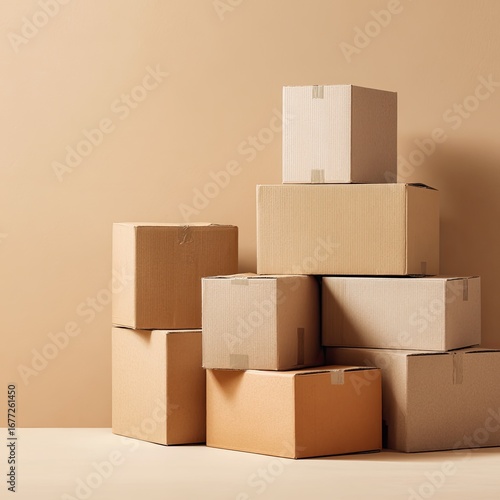 A neatly stacked pile of various-sized cardboard boxes against a muted beige background.  Taped seams are visible