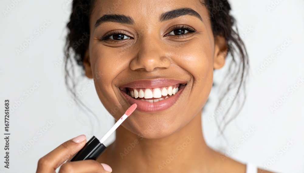Obraz premium A smiling African American woman applies lip gloss to her lips, enhancing her natural beauty.