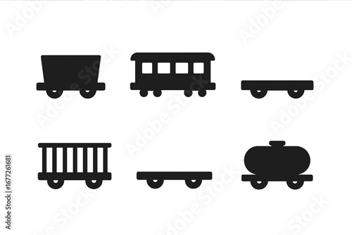 Solid filled vector icons of various wagon types including freight wagon, passenger wagon, flatbed wagon, cattle wagon, and tank wagon in a clean grid layout for transport design