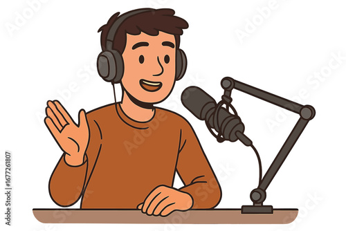 Young man recording a podcast with headphones and professional microphone in studio setup, vector cartoon illustration with transparent background, broadcasting and audio creation concept