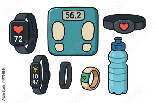 Health monitoring tools and fitness accessories for wellness enthusiasts, including smartwatches, heart rate bands, fitness rings, digital scales, and water bottles, vector cartoon set