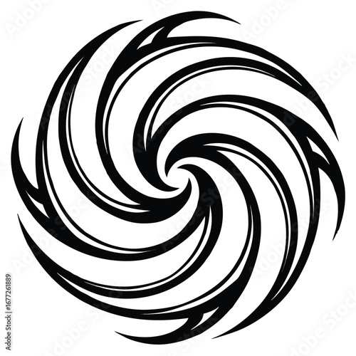 Black tribal swirl vortex design on white background abstract circle