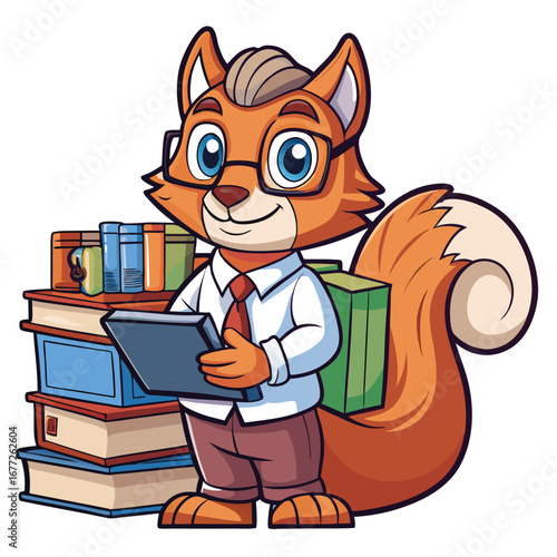 Cartoon squirrel as a librarian with books