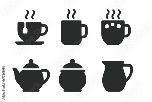 Vector Set of Warm Beverage Icons with Tea Cup, Coffee Mug, Hot Chocolate with Marshmallows, Teapot, Sugar Bowl, Milk Jug, Solid Filled Style, Black Silhouettes, Transparent Background