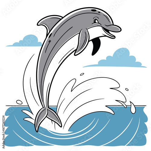 Cheerful cartoon dolphin jumping out of blue ocean water with clouds Keywords: dolphin, jumping, leaping