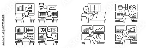 People working with data on multiple computer screens