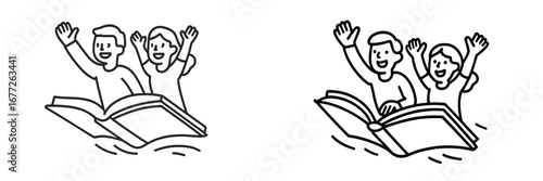 Children reading and waving
