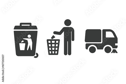 Waste Disposal Icons Solid Filled Vector Set of Public Trash Bins City Park Waste Units Street Sweeper Clean Up Concepts Urban Sanitation Environmental Cleaning Vector Illustration
