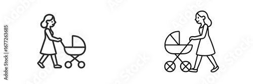 Woman pushing a baby stroller icon