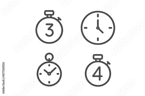 Four clocks and stopwatches with numbers and hands