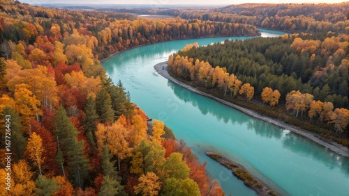 Aerial view of a winding turquoise river cutting through golden autumn forest