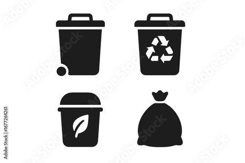 Solid Waste Management Icons Set with Trash Bin, Recycling Bin, Compost Bin, and Garbage Bag Symbols for Eco-Friendly Waste Disposal and Clean Environment Concept Vector