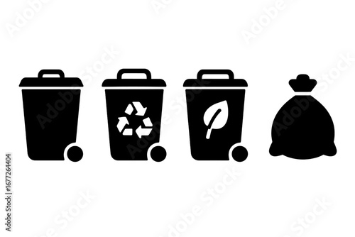 Waste Management Icons Solid Filled Vector Set of Trash Bin Recycling Bin Compost Bin Garbage Bag Environmental Clean Up Collection Symbols on Transparent Background
