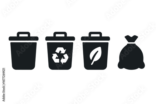 Waste management icons set of solid filled trash bins, recycling bin, compost bin, garbage bag silhouette vector illustration for eco-friendly waste sorting and cleanup