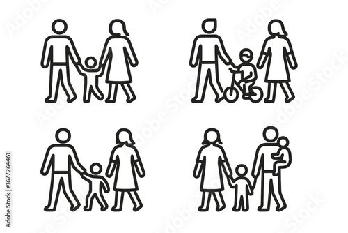 Family icons with children and bicycle