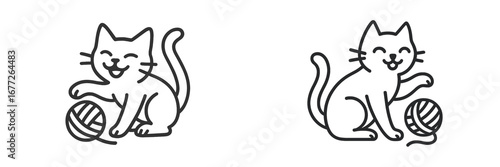 Cute Cat Playing with Yarn Ball Line Art