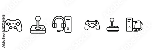Collection of gaming icons: controllers, joysticks, computer, headset