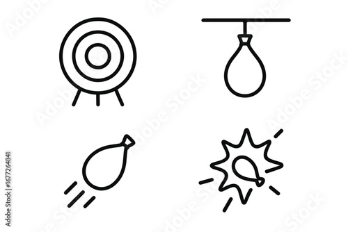 Water balloon icon set outline. Vector illustration of water balloon target practice with target board, hanging balloon, thrown water balloon, and bursting balloon in playful summer game concept