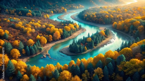Fototapeta Naklejka Na Ścianę i Meble -  Aerial view of a winding turquoise river cutting through golden autumn forest