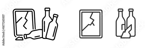 Broken glass bottles and cracked frame icon set
