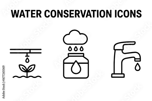 Water Conservation Icons Set, Outline Style, Drip Irrigation, Rainwater Harvesting, Low Flow Faucet, Eco-Friendly Water Saving Methods, Vector Illustration