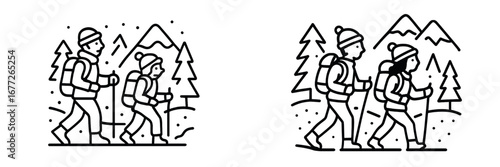 Two hikers with backpacks walking in a snowy forest