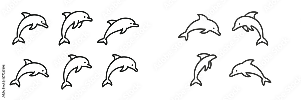 Fototapeta premium Dolphin outline icons
