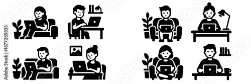 People working remotely on laptops in various comfortable settings