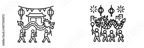Dragon Dance Performance with Lanterns and Traditional Building