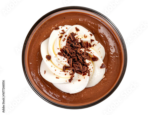 Chocolate Mousse Cup with Whipped Cream and Chocolate Shavings, Top View, isolated