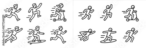 People running and riding scooters and surfboards