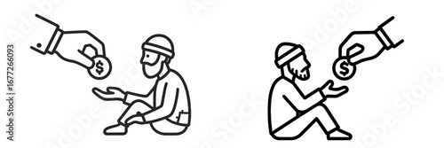 Hand giving coin to beggar icon
